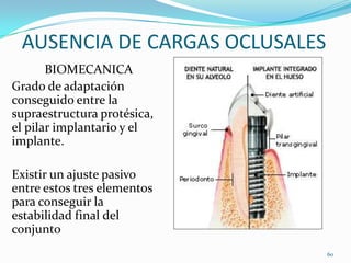 AUSENCIA DE CARGAS OCLUSALES
       BIOMECANICA
Grado de adaptación
conseguido entre la
supraestructura protésica,
el pilar implantario y el
implante.

Existir un ajuste pasivo
entre estos tres elementos
para conseguir la
estabilidad final del
conjunto
                                60
 