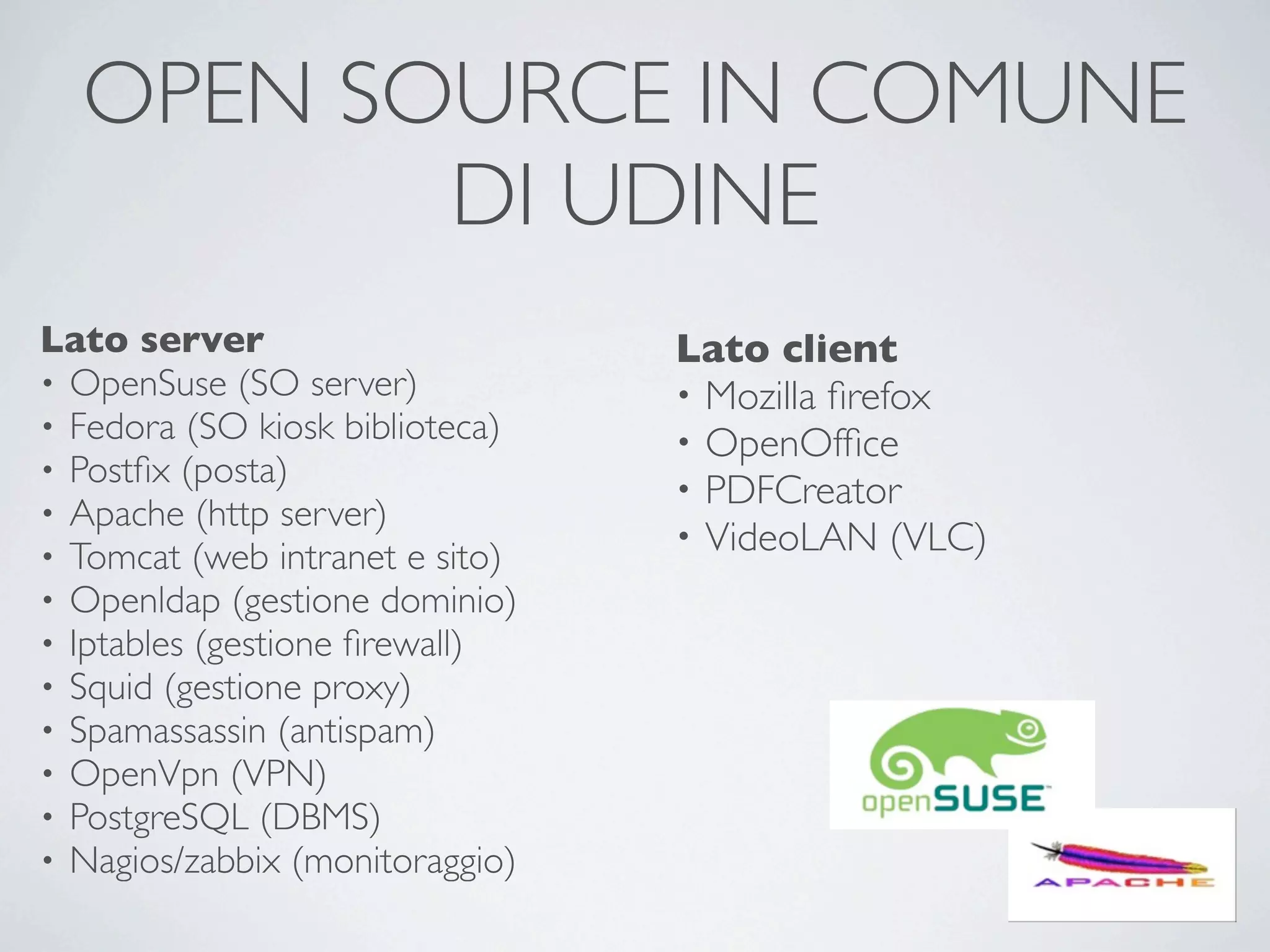 OPEN SOURCE IN COMUNE
         DI UDINE
Lato server                      Lato client
• OpenSuse (SO server)           • Mozilla ﬁrefox
• Fedora (SO kiosk biblioteca)
                                 • OpenOfﬁce
• Postﬁx (posta)
                                 • PDFCreator
• Apache (http server)
                                 • VideoLAN (VLC)
• Tomcat (web intranet e sito)
• Openldap (gestione dominio)
• Iptables (gestione ﬁrewall)
• Squid (gestione proxy)
• Spamassassin (antispam)
• OpenVpn (VPN)
• PostgreSQL (DBMS)
• Nagios/zabbix (monitoraggio)
 