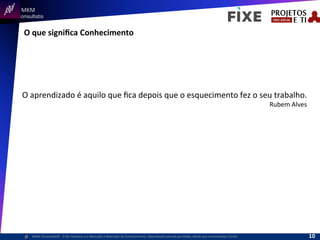  	
  	
  MKM	
  
Consultatis
MKM	
  Consulta,s©	
  	
  	
  O	
  Ser	
  Humano	
  e	
  a	
  Absorção	
  e	
  Retenção	
  do	
  Conhecimento-­‐	
  Reprodução	
  parcial	
  permi,da,	
  desde	
  que	
  mencionada	
  a	
  fonte	
  
O	
  que	
  signiﬁca	
  Conhecimento	
  
O	
  aprendizado	
  é	
  aquilo	
  que	
  ﬁca	
  depois	
  que	
  o	
  esquecimento	
  fez	
  o	
  seu	
  trabalho.	
  
Rubem	
  Alves	
  
10	
  
 