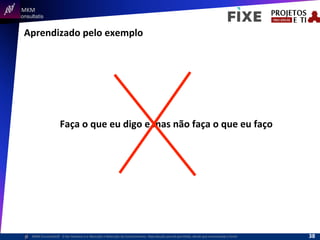  	
  	
  MKM	
  
Consultatis
MKM	
  Consulta,s©	
  	
  	
  O	
  Ser	
  Humano	
  e	
  a	
  Absorção	
  e	
  Retenção	
  do	
  Conhecimento-­‐	
  Reprodução	
  parcial	
  permi,da,	
  desde	
  que	
  mencionada	
  a	
  fonte	
  
Aprendizado	
  pelo	
  exemplo	
  
Faça	
  o	
  que	
  eu	
  digo	
  e	
  mas	
  não	
  faça	
  o	
  que	
  eu	
  faço	
  
38	
  
 