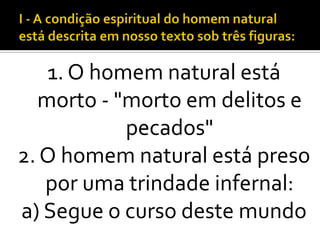 1. O homem natural está
  morto - "morto em delitos e
           pecados"
2. O homem natural está preso
   por uma trindade infernal:
a) Segue o curso deste mundo
 