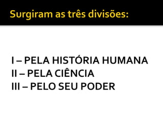 I – PELA HISTÓRIA HUMANA
II – PELA CIÊNCIA
III – PELO SEU PODER
 