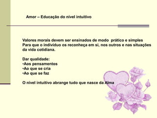 Amor – Educação do nível intuitivo




Valores morais devem ser ensinados de modo prático e simples
Para que o indivíduo os reconheça em si, nos outros e nas situações
da vida cotidiana.

Dar qualidade:
•Aos pensamentos
•Ao que se cria
•Ao que se faz

O nível intuitivo abrange tudo que nasce da Alma
 