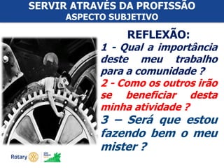#ricon15
SERVIR ATRAVÉS DA PROFISSÃO
ASPECTO SUBJETIVO
REFLEXÃO:
1 - Qual a importância
deste meu trabalho
para a comunidade ?
2 - Como os outros irão
se beneficiar desta
minha atividade ?
3 – Será que estou
fazendo bem o meu
mister ?
 
