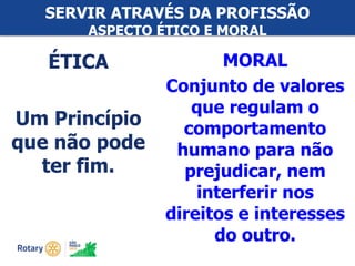 #ricon15
MORAL
Conjunto de valores
que regulam o
comportamento
humano para não
prejudicar, nem
interferir nos
direitos e interesses
do outro.
SERVIR ATRAVÉS DA PROFISSÃO
ASPECTO ÉTICO E MORAL
ÉTICA
Um Princípio
que não pode
ter fim.
 