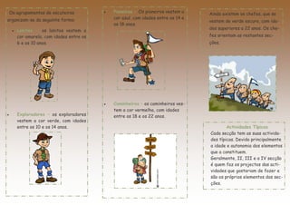 Os agrupamentos de escuteiros                  Pioneiros – Os pioneiros vestem a
                                                                                         Ainda existem os chefes, que se
organizam-se da seguinte forma:                     cor azul, com idades entre os 14 e
                                                                                         vestem de verde escuro, com ida-
                                                    os 18 anos.
        Lobitos - os lobitos vestem a                                                   des superiores a 22 anos. Os che-
         cor amarela, com idades entre os                                                fes orientam as restantes sec-
         6 e os 10 anos.                                                                 ções.




                                                   Caminheiros – os caminheiros ves-
                                                    tem a cor vermelha, com idades
        Exploradores – os exploradores             entre os 18 e os 22 anos.
         vestem a cor verde, com idades
         entre os 10 e os 14 anos.                                                               Actividades Típicas
                                                                                         Cada secção tem as suas activida-
                                                                                         des típicas. Devido principalmente
                                                                                         a idade e autonomia dos elementos
                                                                                         que a constituem.
                                                                                         Geralmente, II, III e a IV secção
                                                                                         é quem faz os projectos das acti-
                                                                                         vidades que gostariam de fazer e
                                                                                         são os próprios elementos das sec-
                                                                                         ções.

                                                .
 