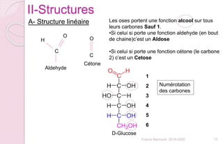 Franck Rencurel 2019-2020 13
II-Structures
A- Structure linéaire
C
O
H
C
O
Aldehyde
Cétone
Les oses portent une fonction alcool sur tous
leurs carbones Sauf 1.
•Si celui si porte une fonction aldehyde (en bout
de chaine)c’est un Aldose
•Si celui si porte une fonction cétone (le carbone
2) c’est un Cetose
1
2
3
4
5
6
Numérotation
des carbones
D-Glucose
 