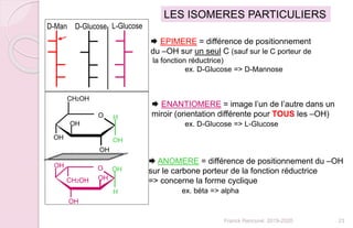  EPIMERE = différence de positionnement
du –OH sur un seul C (sauf sur le C porteur de
la fonction réductrice)
ex. D-Glucose => D-Mannose
 ENANTIOMERE = image l’un de l’autre dans un
miroir (orientation différente pour TOUS les –OH)
ex. D-Glucose => L-Glucose
 ANOMERE = différence de positionnement du –OH
sur le carbone porteur de la fonction réductrice
=> concerne la forme cyclique
ex. béta => alpha
LES ISOMERES PARTICULIERS
OH
CH2OH
O
OH
OH
OHCH2OH
OOH
OH
H
OH
H
OH
D-Glucose L-GlucoseD-Man
23Franck Rencurel 2019-2020
 