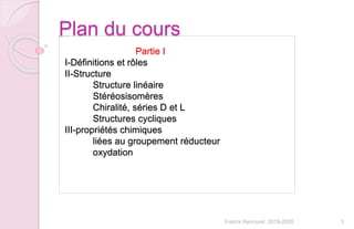 3Franck Rencurel 2019-2020
Plan du cours
Partie I
I-Définitions et rôles
II-Structure
Structure linéaire
Stéréosisomères
Chiralité, séries D et L
Structures cycliques
III-propriétés chimiques
liées au groupement réducteur
oxydation
 