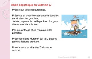 Franck Rencurel 2019-2020 42
Acide ascorbique ou vitamine C
Précurseur acide glucuronique.
Présente en quantité substantielle dans les
surrénales, les gencives,
le foie, la peau, le cartilage. Les plus gros
stocks sont dans le foie.
Pas de synthèse chez l’homme ni les
primates.
Présence d’une Mutation sur la L-glucono-
gamma-lactone oxydase.
Une carence en vitamine C donne le
scorbut
 