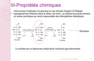 48Franck Rencurel 2019-2020
III-Propriétés chimiques
Voie annexe d’utilisation du glucose en cas d’excès d’apport (cf Diabète
hyperglycémie) Présente dans la rétine, les reins. Le sorbitol accumulé entraine
un stress osmotique qui serait responsable des rétinopathies diabétiques
Glycolyse
Le sorbitol est un édulcorant utilisé dans l’industrie agro-alimentaire
 