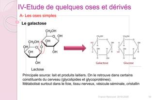 54Franck Rencurel 2019-2020
IV-Etude de quelques oses et dérivés
A- Les oses simples
Le galactose
Lactose
Principale source: lait et produits laitiers. On le retrouve dans certains
constituants du cerveau (glycolipides et glycoprotéines).
Métabolisé surtout dans le foie, tissu nerveux, vésicule séminale, cristallin
 