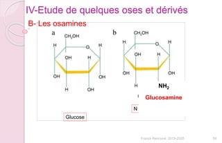 59Franck Rencurel 2019-2020
IV-Etude de quelques oses et dérivés
B- Les osamines
Glucose
N acétyl-D-glucoamine
NH2
Glucosamine
 
