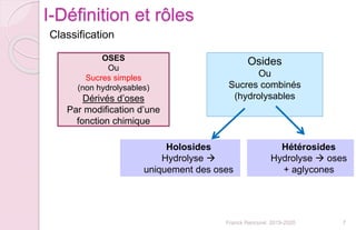 I-Définition et rôles
Franck Rencurel 2019-2020 7
Classification
OSES
Ou
Sucres simples
(non hydrolysables)
Dérivés d’oses
Par modification d’une
fonction chimique
Osides
Ou
Sucres combinés
(hydrolysables
Holosides
Hydrolyse 
uniquement des oses
Hétérosides
Hydrolyse  oses
+ aglycones
 