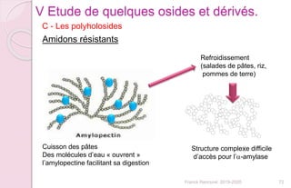 Franck Rencurel 2019-2020 72
Cuisson des pâtes
Des molécules d’eau « ouvrent »
l’amylopectine facilitant sa digestion
C - Les polyholosides
V Etude de quelques osides et dérivés.
Amidons résistants
Refroidissement
(salades de pâtes, riz,
pommes de terre)
Structure complexe difficile
d’accès pour l’a-amylase
 