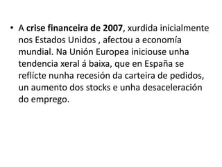 • A crise financeira de 2007, xurdida inicialmente
nos Estados Unidos , afectou a economía
mundial. Na Unión Europea iniciouse unha
tendencia xeral á baixa, que en España se
reflícte nunha recesión da carteira de pedidos,
un aumento dos stocks e unha desaceleración
do emprego.
 