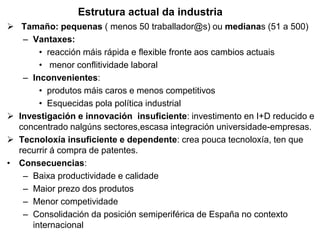 Estrutura actual da industria
 Tamaño: pequenas ( menos 50 traballador@s) ou medianas (51 a 500)
– Vantaxes:
• reacción máis rápida e flexible fronte aos cambios actuais
• menor conflitividade laboral
– Inconvenientes:
• produtos máis caros e menos competitivos
• Esquecidas pola política industrial
 Investigación e innovación insuficiente: investimento en I+D reducido e
concentrado nalgúns sectores,escasa integración universidade-empresas.
 Tecnoloxía insuficiente e dependente: crea pouca tecnoloxía, ten que
recurrir á compra de patentes.
• Consecuencias:
– Baixa productividade e calidade
– Maior prezo dos produtos
– Menor competividade
– Consolidación da posición semiperiférica de España no contexto
internacional
 