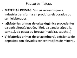 Factores físicos
• MATERIAS PRIMAS. Son os recursos que a
industria transforma en produtos elaborados ou
semielaborados.
• a)Materias primas de orixe órgánica procedentes
da agricultura(algodón, liño), da gandería(pel, la,
carne..), da pesca ou forestal(madeira, caucho..)
• b) Materias primas de orixe mineral, extráense de
depósitos con elevadas concentracións de mineral.
 