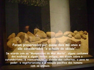 Foram preservados por quase dois mil anos e
        são considerados “o achado do século”
 De acordo com os “Manuscritos do Mar Morto”, alguns costumes
     dos essênios e alguns textos antigos, nos dizem sobre o
curandeirismo, a reencarnação, a divisão das colheitas, o povo no
    poder, o vegetarianismo e a relação pacífica dos homens
                    com os animais.
 