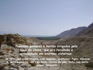 Possuíam pomares e hortos irrigados pela
          água da chuva, que era recolhida e
          armazenada em enormes cisternas.
As refeições eram frugais, com legumes, azeitonas, figos, tâmaras
 e, principalmente, um tipo muito rústico de pão, feito com muito
                         pouco fermento.
 
