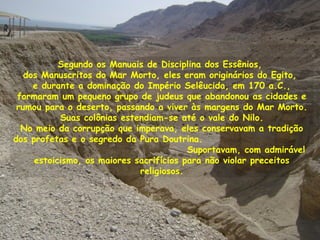 Segundo os Manuais de Disciplina dos Essênios,
dos Manuscritos do Mar Morto, eles eram originários do Egito,
e durante a dominação do Império Selêucida, em 170 a.C.,
formaram um pequeno grupo de judeus que abandonou as cidades e
rumou para o deserto, passando a viver às margens do Mar Morto.
Suas colônias estendiam-se até o vale do Nilo.
No meio da corrupção que imperava, eles conservavam a tradição
dos profetas e o segredo da Pura Doutrina.
Suportavam, com admirável
estoicismo, os maiores sacrifícios para não violar preceitos
religiosos.
 