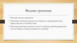 Видови тропизми
• Постојат два вида тропизми:
1.Позитивен тропизам-движење кон изворот на дразбата(светлина,
привлечна сила на Земјата, вода)
2.Негативен тропизам-движење со кое се одбегнува дразбата(привлечна
сила на Земјата, допир, електрицитет, темнина)
 
