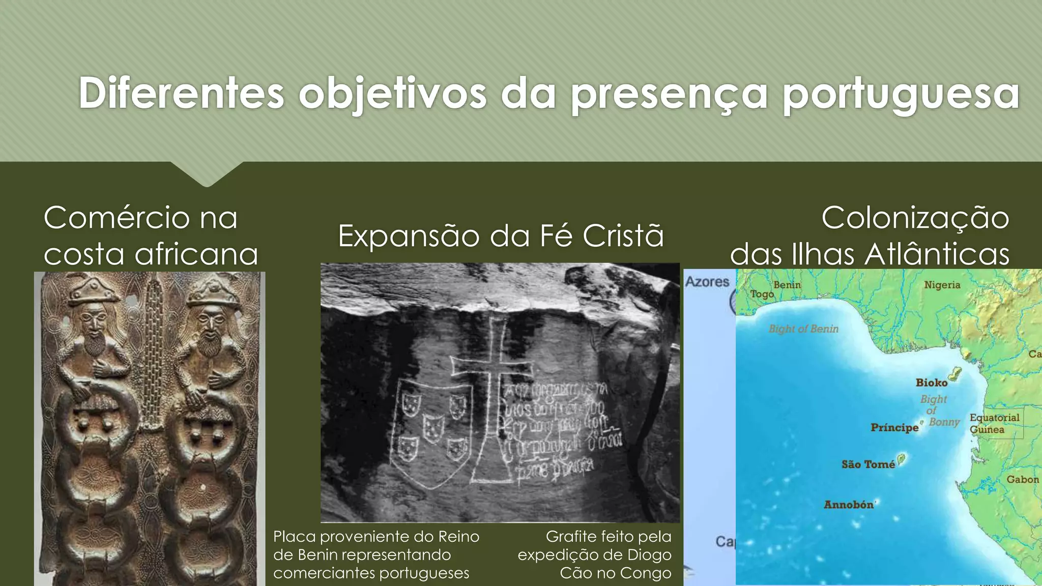 Diferentes objetivos da presença portuguesa
Colonização
das Ilhas Atlânticas
Comércio na
costa africana
Expansão da Fé Cristã
Placa proveniente do Reino
de Benin representando
comerciantes portugueses
Grafite feito pela
expedição de Diogo
Cão no Congo