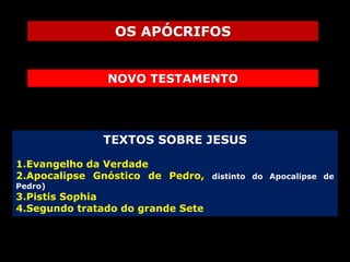 OS APÓCRIFOS
NOVO TESTAMENTO

TEXTOS SOBRE JESUS
1.Evangelho da Verdade
2.Apocalipse Gnóstico de Pedro,
Pedro)

3.Pistis Sophia
4.Segundo tratado do grande Sete

distinto do Apocalipse de

 