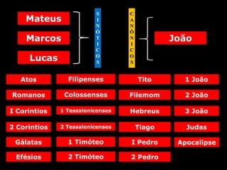 Mateus
Marcos

Lucas

S
I
N
Ó
T
I
C
O
S

C
A
N
Ô
N
I
C
O
S

João

Atos

Filipenses

Tito

1 João

Romanos

Colossenses

Filemom

2 João

I Corintios

1 Tessalonicenses

Hebreus

3 João

2 Corintios

2 Tessalonicenses

Tiago

Judas

Gálatas

1 Timóteo

I Pedro

Apocalipse

Efésios

2 Timóteo

2 Pedro

 