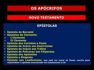 OS APÓCRIFOS
NOVO TESTAMENTO
EPÍSTOLAS












Epístola de Barnabé
Epístolas de Clemente:
I Clemente
II Clemente
Epístola dos Coríntios a Paulo
Epístola de Inácio aos Esmirniotas
Epístola de Inácio aos Trálios
Epístola de Policarpo aos Filipenses
Epístola dos Apóstolos
Epístola a Diogneto
Epístola aos Laodicenses, que está em

nome de Paulo, escrita para
materializar a epístola mencionada em Colossenses 4:16.

 