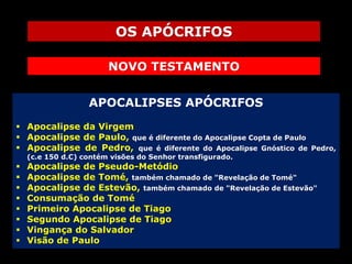 OS APÓCRIFOS
NOVO TESTAMENTO
APOCALIPSES APÓCRIFOS
 Apocalipse da Virgem
 Apocalipse de Paulo, que é diferente do Apocalipse Copta de Paulo
 Apocalipse de Pedro, que é diferente do Apocalipse Gnóstico de
(c.e 150 d.C) contém visões do Senhor transfigurado.










Pedro,

Apocalipse de Pseudo-Metódio
Apocalipse de Tomé, também chamado de "Revelação de Tomé"
Apocalipse de Estevão, também chamado de "Revelação de Estevão"
Consumação de Tomé
Primeiro Apocalipse de Tiago
Segundo Apocalipse de Tiago
Vingança do Salvador
Visão de Paulo

 