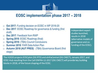 EOSC implementation phase 2017 – 2018
o Oct 2017: Funding decision on EOSC in WP 2018-20
o Dec 2017: EOSC Roadmap for governance & funding (first
draft)
o Dec 2017: Feedback from RWP
o Spring 2018: EOSC Roadmap (final)
o Spring 2018: (TBA) Council Conclusions
o Summer 2018: FAIR Data Action Plan
o Autumn 2018 (AUT PRES): (TBA) Governance Board (first
stage)
The H2020 projects EOSCpilot (DG RTD) and elnfraCentral (DG CNECT), January 2017, and
EOSC-Hub resulting from the Call EINFRA-12-2017 (DG CNECT) will provide key building
blocks in 2018, of the future shaping of the EOSC.
Independent expert
studies launched,
results in 2018
(alternative models of
governance and co-
funding of the EOSC).
 