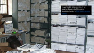 Image	Credit:	“pile	as	archive”	by	
Meghan	Dougherty,	Flickr.com,	
distributed	under	a	CCBY-SA	2.0	generic	
license.
 