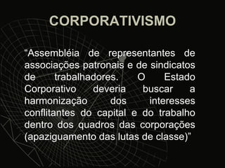 CORPORATIVISMO “ Assembléia de representantes de associações patronais e de sindicatos de trabalhadores. O Estado Corporativo deveria buscar a harmonização dos interesses conflitantes do capital e do trabalho dentro dos quadros das corporações (apaziguamento das lutas de classe)” 