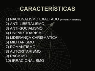 CARACTERÍSTICAS 1) NACIONALISMO EXALTADO  (Alemanha = Xenofobia) 2) ANTI-LIBERALISMO 3) ANTI-SOCIALISMO 4) UNIPARTIDARISMO 5) LIDERANÇA CARISMÁTICA 6) MILITARISMO 7) ROMANTISMO 8) AUTORITARISMO 9) RACISMO 10) IRRACIONALISMO 