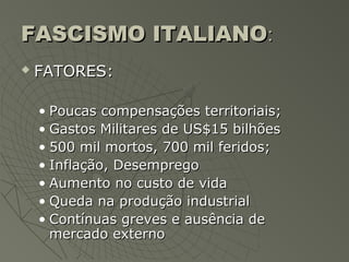 FASCISMO ITALIANO:
   FATORES:

    • Poucas compensações territoriais;
    • Gastos Militares de US$15 bilhões
    • 500 mil mortos, 700 mil feridos;
    • Inflação, Desemprego
    • Aumento no custo de vida
    • Queda na produção industrial
    • Contínuas greves e ausência de
      mercado externo
 