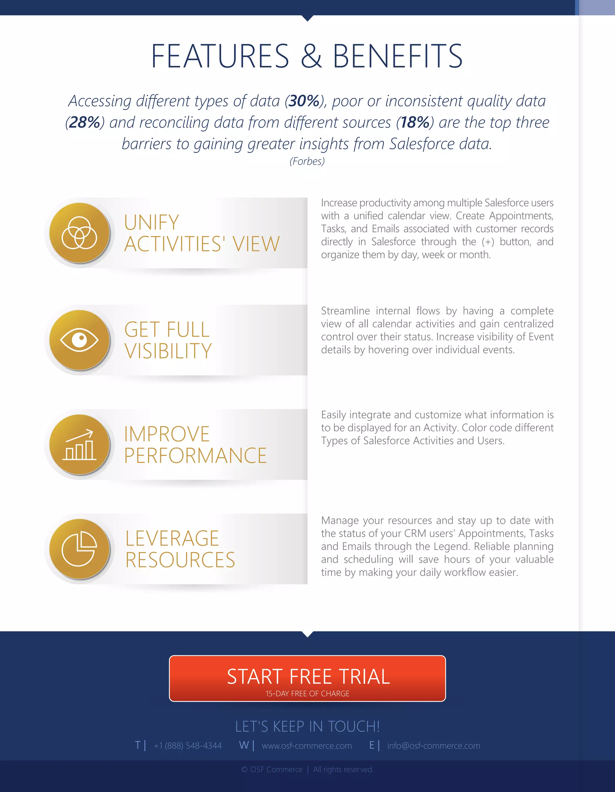 A
GE
Y
FEA
Accessing diﬀerent types of data (30%), poor or inconsistent quality data
(28%) and reconciling data from diﬀerent sources (18%) are the top three
barriers to gaining greater insights from Salesforce data.
(Forbes)
T | W | .osf-commerce.com E | info@osf-commerce.com
O F Commerce eser
-DAY FREE OF CHARGE
START FREE TRIAL
Increase productivity among multiple Salesforce users
with a unified calendar view. Create Appointments,
Tasks, and Emails associated with customer records
directly in Salesforce through the (+) button, and
organize them by day, week or month.
Streamline internal flows by having a complete
view of all calendar activities and gain centralized
control over their status. Increase visibility of Event
details by hovering over individual events.
Easily integrate and customize what information is
to be displayed for an Activity. Color code different
Types of Salesforce Activities and Users.
Manage your resources and stay up to date with
the status of your CRM users’ Appointments, Tasks
and Emails through the Legend. Reliable planning
and scheduling will save hours of your valuable
time by making your daily workflow easier.
 