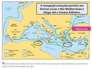 A navegação avançada permitiu aos
fenícios cruzar o Mar Mediterrâneo e
chegar até o Oceano Atlântico.
Página 163
 
