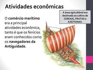 Atividades econômicas
O comércio marítimo
era a principal
atividades econômica,
tanto é que os fenícios
eram conhecidos como
os navegadores da
Antiguidade.
A área agricultável era
destinada ao cultivo de
CEREAIS, FRUTAS e
AZEITONAS.
 