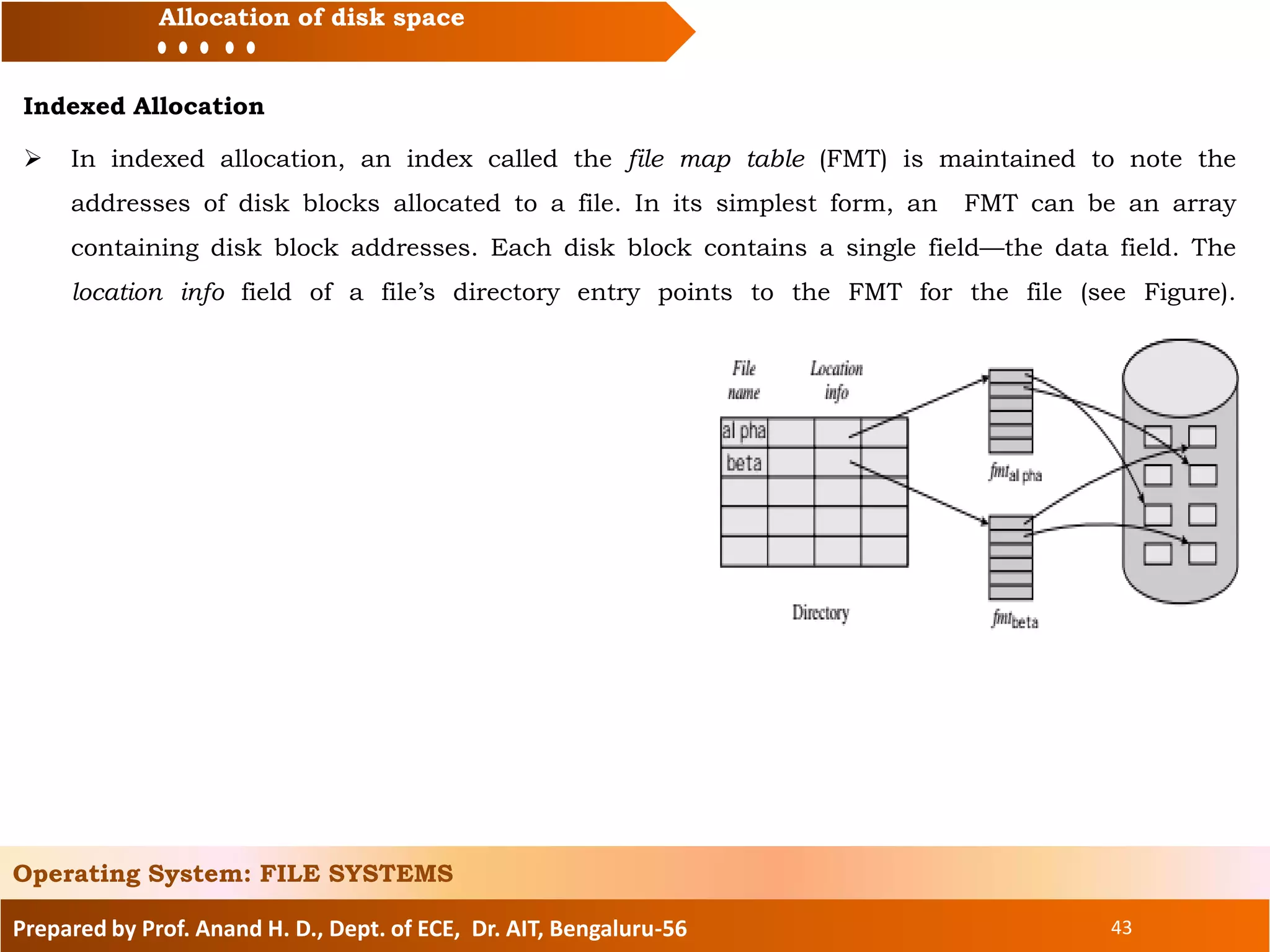 Prepared by Prof. Anand H. D., Dept. of ECE, Dr. AIT, Bengaluru-56 43
Allocation of disk space
Indexed Allocation
Operating System: FILE SYSTEMS
 In indexed allocation, an index called the file map table (FMT) is maintained to note the
addresses of disk blocks allocated to a file. In its simplest form, an FMT can be an array
containing disk block addresses. Each disk block contains a single field—the data field. The
location info field of a file’s directory entry points to the FMT for the file (see Figure).
 