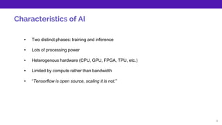 • Two distinct phases: training and inference
• Lots of processing power
• Heterogenous hardware (CPU, GPU, FPGA, TPU, etc...