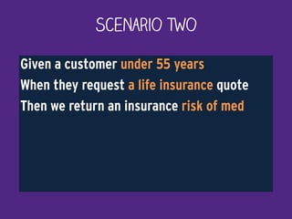 Given a customer under 55 years
When they request a life insurance quote
Then we return an insurance risk of med
Scenario Two
 