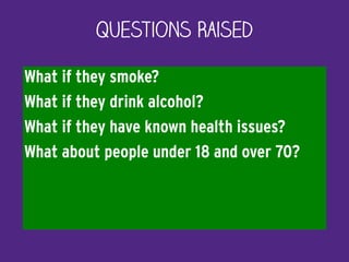 What if they smoke?
What if they drink alcohol?
What if they have known health issues?
What about people under 18 and over 70?
Questions Raised
 