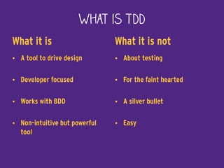 What is TDD
What it is
• A tool to drive design
• Developer focused
• Works with BDD
• Non-intuitive but powerful
tool
What it is not
• About testing
• For the faint hearted
• A silver bullet
• Easy
 