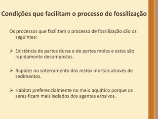 Condições que facilitam o processo de fossilização
Os processos que facilitam o processo de fossilização são os
seguintes:
 Existência de partes duras e de partes moles e estas são
rapidamente decompostas.
 Rapidez no soterramento dos restos mortais através de
sedimentos.
 Habitat preferencialmente no meio aquático porque os
seres ficam mais isolados dos agentes erosivos.
 