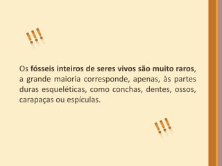 Os fósseis inteiros de seres vivos são muito raros,
a grande maioria corresponde, apenas, às partes
duras esqueléticas, como conchas, dentes, ossos,
carapaças ou espículas.
 