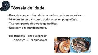 • Fósseis que permitem datar as rochas onde se encontram.
* Viveram durante um curto período de tempo geológico.
* Tiveram grande dispersão geográfica.
* Existiram em grande número.
* Ex: trilobites – Era Paleozoica
amonites – Era Mesozoica
Fósseis de idade
 