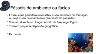 • Fósseis que permitem reconstituir o seu ambiente de formação,
ou seja o seu paleoambiente (ambiente do passado).
* Viveram durante um longo período de tempo geológico.
* Tiveram pequena dispersão geográfica.
* Ex: corais
Fósseis de ambiente ou fácies
 