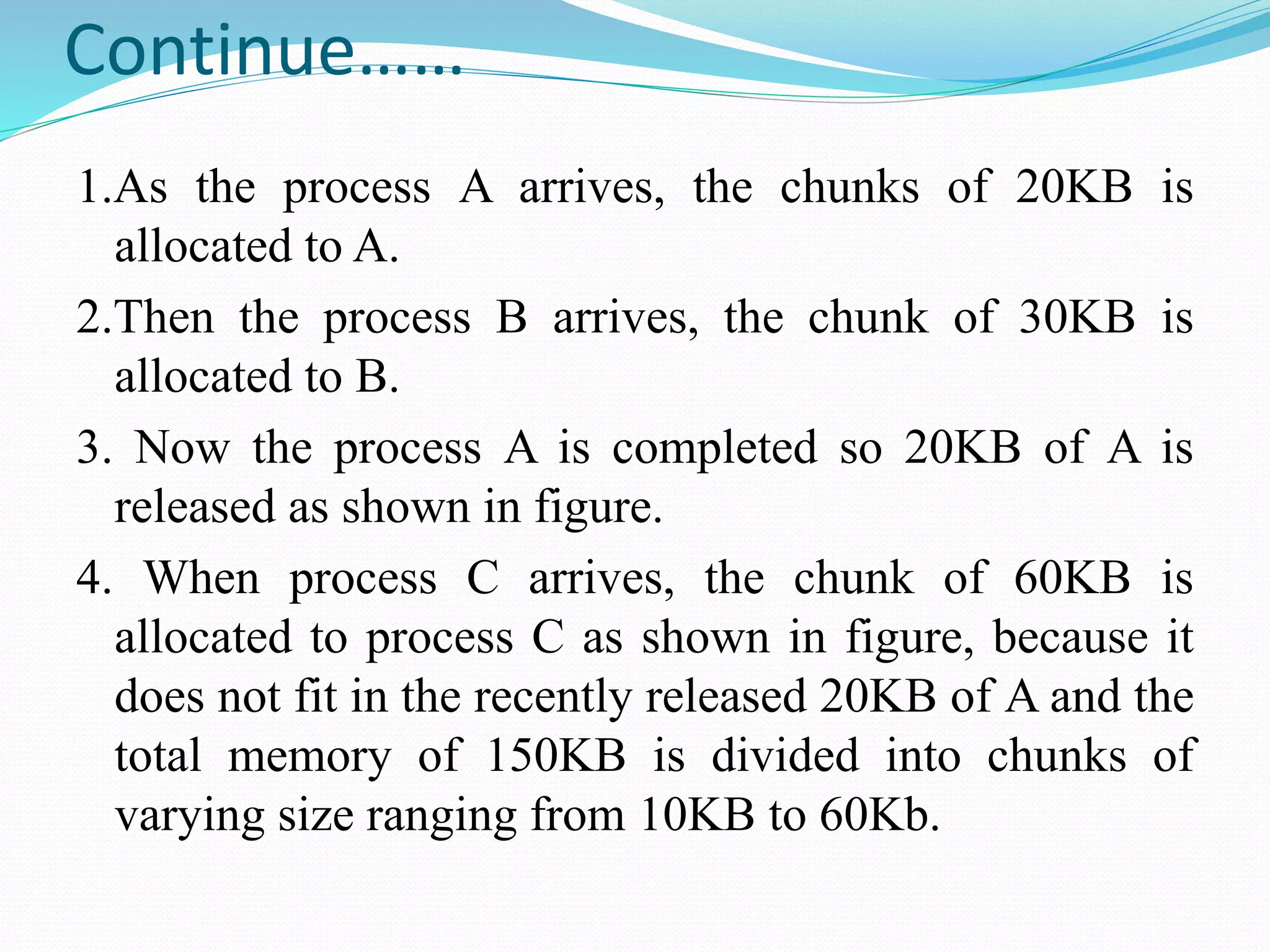 Continue……
1.As the process A arrives, the chunks of 20KB is
allocated to A.
2.Then the process B arrives, the chunk of 30KB is
allocated to B.
3. Now the process A is completed so 20KB of A is
released as shown in figure.
4. When process C arrives, the chunk of 60KB is
allocated to process C as shown in figure, because it
does not fit in the recently released 20KB of A and the
total memory of 150KB is divided into chunks of
varying size ranging from 10KB to 60Kb.
 