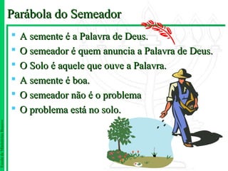 Parábola do Semeador
                                  A semente é a Palavra de Deus.
                                  O semeador é quem anuncia a Palavra de Deus.
                                  O Solo é aquele que ouve a Palavra.
                                  A semente é boa.
                                  O semeador não é o problema
                                  O problema está no solo.
Escola de Ministérios Renovo
 